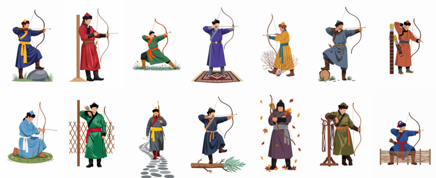Collection of 14 detailed illustrations featuring traditional Mongolian archers in various historical poses and colorful ethnic attire.
