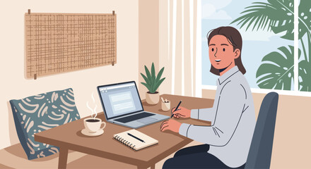 Obraz premium Young woman working on laptop at home office desk with coffee and plants