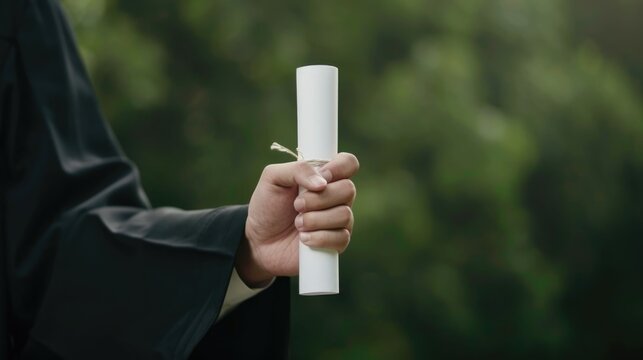 A graduate s hand in a black academic gown holds a rolled diploma tied with string against a soft focus outdoor background of lush greenery symbolizing educational achievement and future success