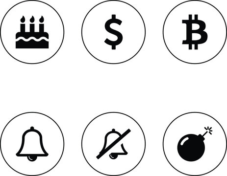 Simple flat black silhouette icon set featuring a festive birthday cake a dollar currency symbol a digital bitcoin sign a notification bell a muted silent mode alert and a dangerous explosive bomb des