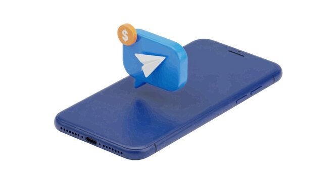 Vector illustration&nbsp;of 3d illustration of a smartphone with a telegram message icon and dollar coin on a transparent background