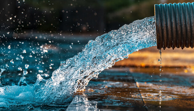 Close up of clear water flowing from metal pipe into stream, capturing freshness, natural resource, hydration, environment, sustainability and clean water concept in outdoor setting