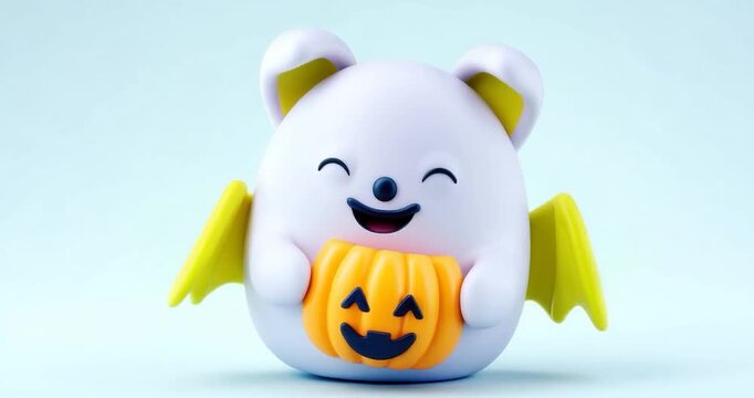 Cute bat toy halloween decoration smiling pumpkin kawaii character yellow pastel background adorable monster children toy spooky season holiday ornament cheerful mouse figurine playful design