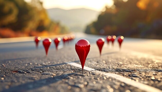 A row of red pins on a road with trees and mountains