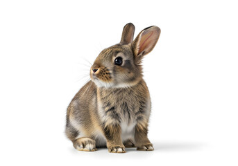 Obraz premium Adorable brown rabbit sitting on a plain white background, looking up with big eyes. Ideal for use in educational materials, pet care advertising, or children's content.
