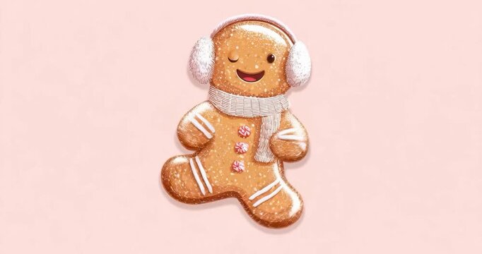 Cute gingerbread cookie character cartoon winter Christmas illustration, smiling festive holiday dessert with scarf and earmuff on pastel pink background, cute winter gingerbread cookie character