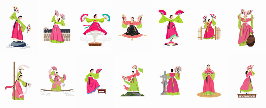 Collection of Korean Women in Traditional Hanbok Performing Fan Dances and Traditional Movements in Flat Vector Illustration Style