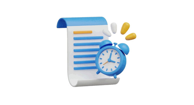 Vector illustration&nbsp;of 3d render of a document or checklist with an alarm clock icon on a transparent background