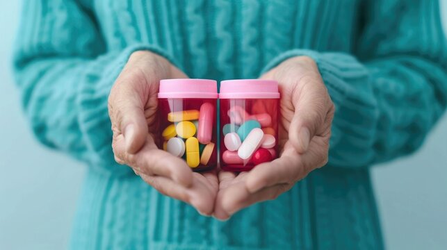 Close up of aged hands gently cupping two translucent red pill bottles filled with a variety of colorful capsules and tablets symbolizing health care routines and medication adherence