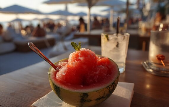 Refreshing watermelon sorbet served in rind with mint garnish and sparkling beverage on table