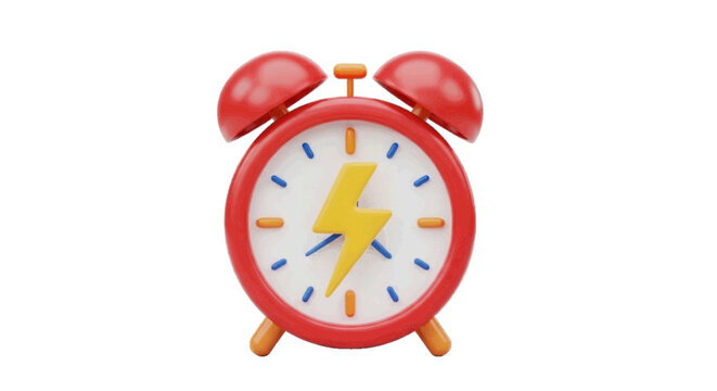 Vector illustration&nbsp;of 3d render of a red alarm clock with a yellow lightning bolt icon on a transparent background