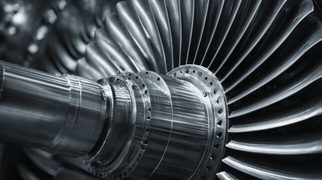 Closeup of metallic jet turbine rotor with powerful aerospace engineering detail in industrial setting