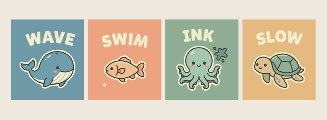 fish and octopus aquatic animals with swim and ink text, minimalist flat vector marine life design, aesthetic orange and green ocean art, modern hand drawn doodle sea creatures, professional graphic d © Geetaroy