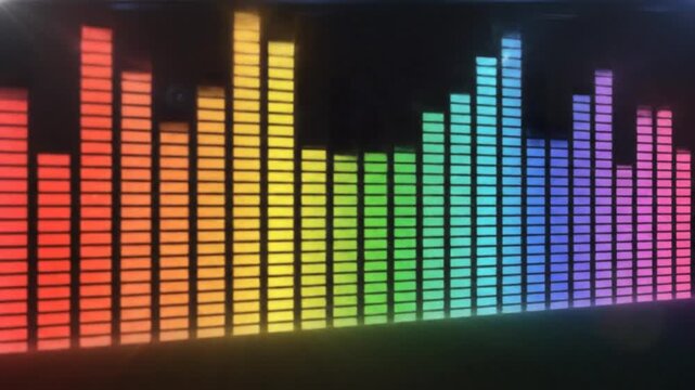 Colorful neon sound waves with rainbow color frequency visualizer against dark background music