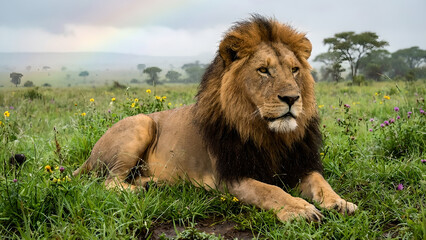 Obraz premium Majestic Lion Relaxing in a Wild Savanna Landscape