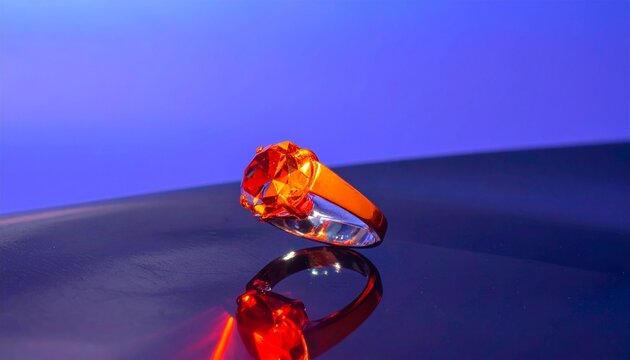 A close-up of a faceted metallic ring placed on a reflective surface with vivid lighting, blending blue and purple tones with warm orange highlights, showcasing geometric brilliance and artistic elega