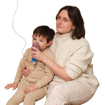 Woman holding infant using nebulizer mask for inhalation therapy isolated on transparent background. Sick kid receiving respiratory treatment at home. Healthcare for asthma and breathing problem
