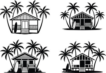 Obraz premium Minimalist Tropical Beach Hut and Surf Shack Silhouette Set, Modern Coastal Bungalow and Palm Tree Vector Graphics, vector, illustration, silhouette.