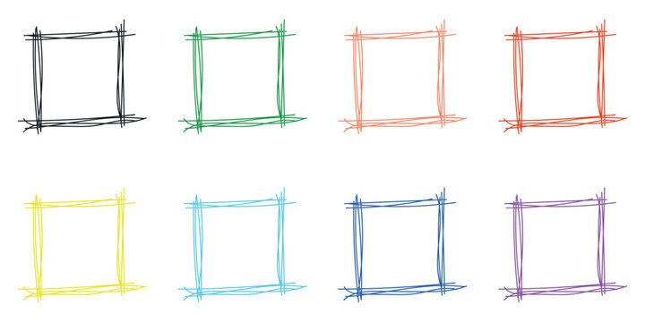 A vibrant collection of eight hand drawn scribble square frames in various colours providing excellent design elements for your projects
