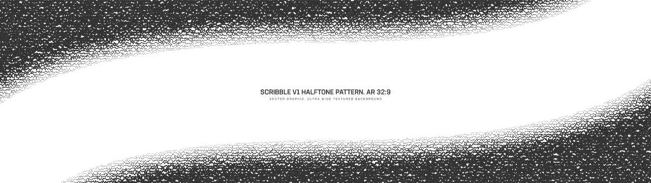 Panoramic abstract background in ultra wide 32:9 aspect ratio with black and white scribble halftone and curved diagonal frame. Grungy ultrawide texture for banners, UI, posters and widescreen layouts