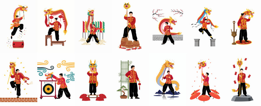 Collection of Illustrations Featuring Performers Doing Traditional Chinese Dragon Dance for Lunar New Year and Spring Festival Celebrations