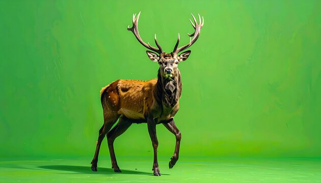 A deer with large antlers on green background