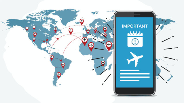 Smartphone screen displaying travel itinerary with airplane and calendar icons over a world map with many flight paths.