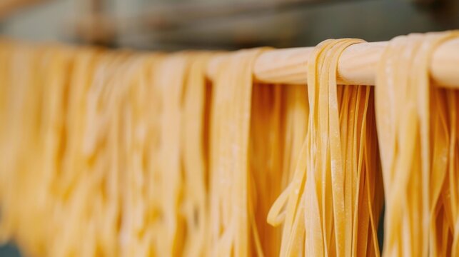 A close up view of numerous long flat ribbons of fresh golden yellow pasta suspended from a smooth wooden rod undergoing the traditional drying process