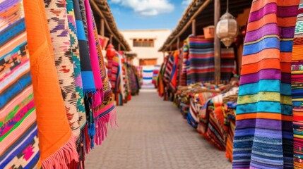 Obraz premium Vibrant outdoor market alley showcases a rich display of colorful intricately woven textiles and traditional lanterns hanging overhead