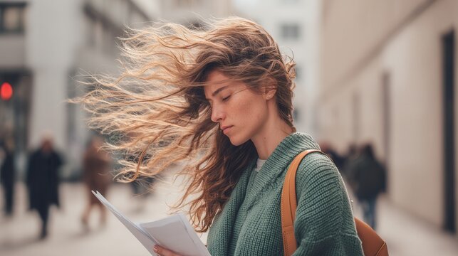 Woman standing outdoors, concentrating while reading papers, her hair blowing in the wind