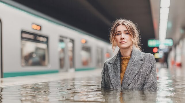Woman standing in a subway station platform covered in floodwater, portraying a climate change concept