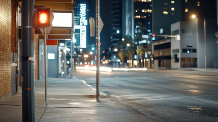 Fototapeta premium Nighttime city street with red traffic light, illuminated buildings, and blurred car lights creating vibrant urban atmosphere