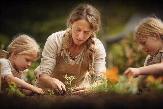 Mother and children learning gardening skills, planting seedlings together in rich soil