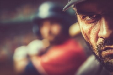 Naklejka premium Baseball player intensely looking during a game, focusing on competition and strategy
