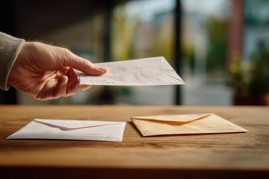 Hand holding an envelope, sending or receiving mail on a wooden table