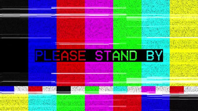 Please Stand By Glitch Text Animation with Error Signal, TV Static Noise, and Broadcast Distortion