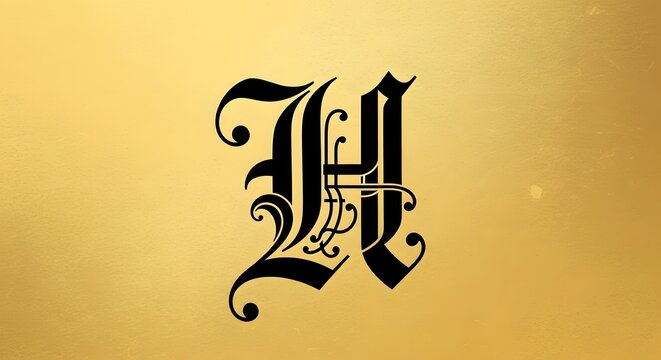 Luxurious and ornate calligraphic letter H, designed as a classic monogram or initial, set against a shimmering golden backdrop, conveying elegance and sophistication