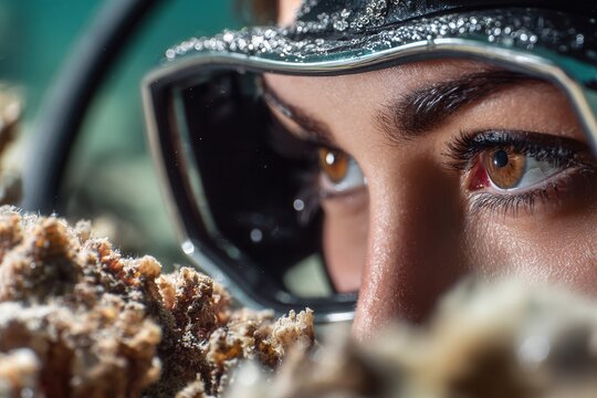 Scuba diver wearing a mask while looking closely at underwater coral