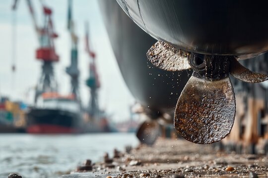 Ship propeller dripping water and algae after being lifted from the sea for maintenance