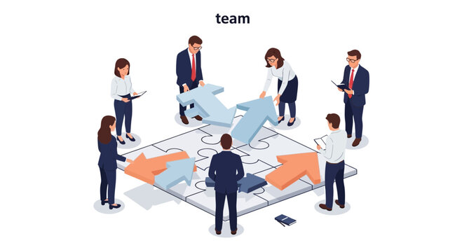 Teamwork and collaboration: business people assembling puzzle pieces and arrows
