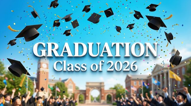 3D render illustration of Graduation Class of 2026 celebration concept. Academic achievement, university commencement and high school diploma success for students on campus.