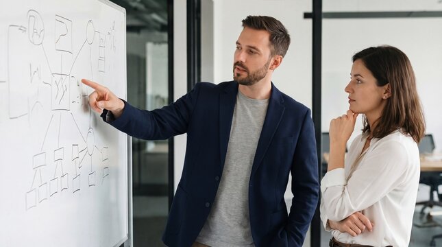 People consider the development strategy scheme in systems thinking. Business meeting in progress: man in suit presenting to woman.