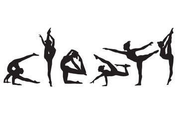 Vector illustration of black silhouettes featuring a group of people and women in action poses including ballet, yoga, and gymnastics for fitness and sports art © Mk