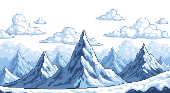 Pixel Art Snowy Mountains Landscape with Clouds
