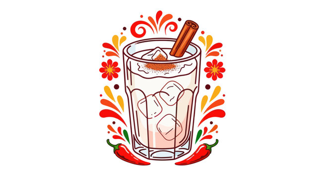 Refreshing Horchata drink with cinnamon stick, ice, and chili peppers illustration