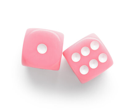 Pink game dices on white background
