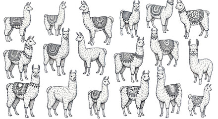 Cute Llama Illustrations Set, Hand Drawn Sketch Style, Andean Animals Collection © mus