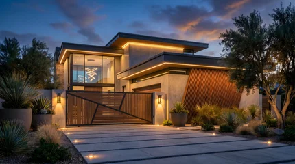 Contemporary home with unique wood slat accent and evening lights real estate contemporary © sohel