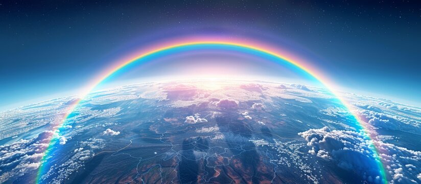 Panoramic View of Earth from Space with a Vibrant Rainbow