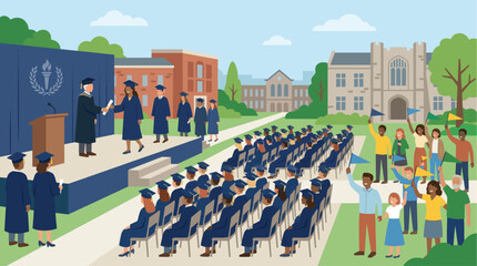 Obraz premium Diverse group celebrates graduation on a university campus with graduates receiving diplomas and families cheering with flags.